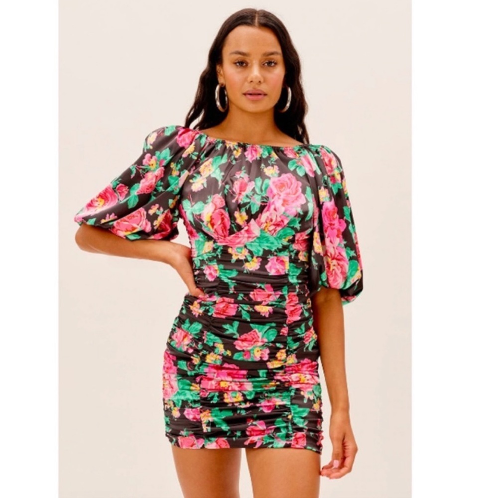 For Love & Lemons Jolie black pink floral silky ruched puff sleeve mini dress